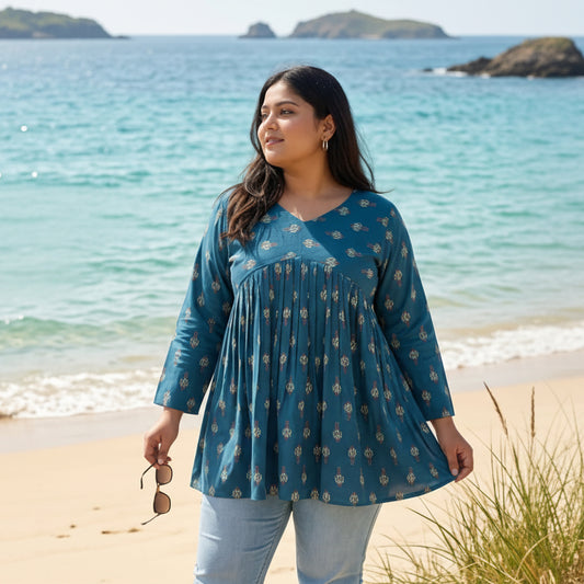 Women's Ocean Teal Printed Pleated Tunic Top HP88