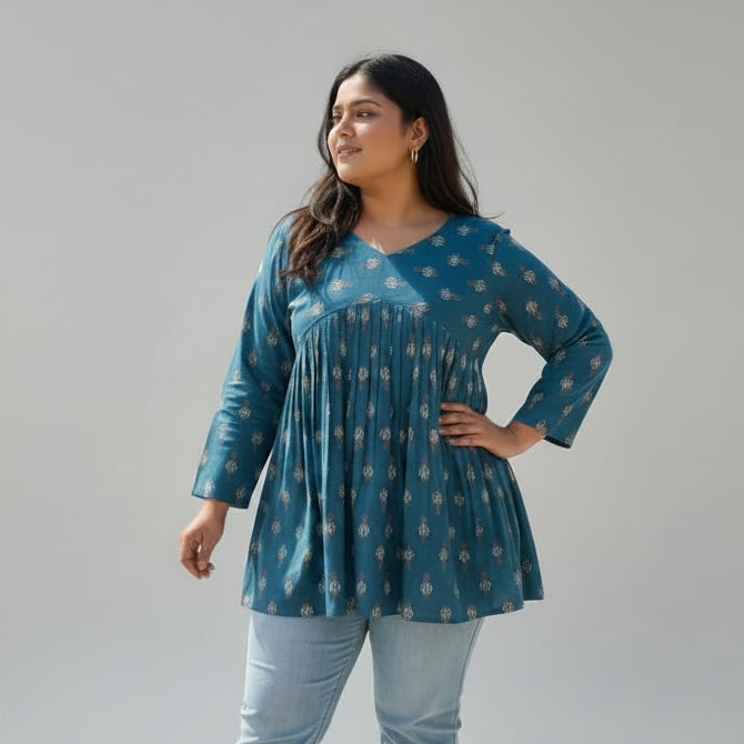 Women's Ocean Teal Printed Pleated Tunic Top HP88