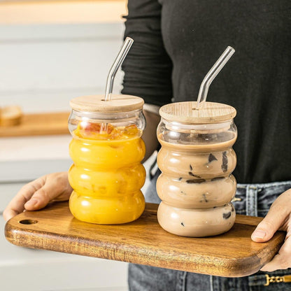 Wave Drinking Glasses Tumbler with Bamboo Lid & Glass Straw TR203