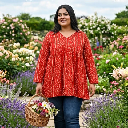 Women's Terracotta Red Bandhani-Inspired Flared Tunic Top HP00