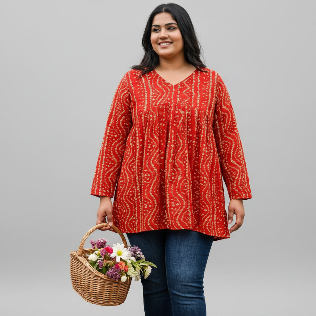 Women's Terracotta Red Bandhani-Inspired Flared Tunic Top HP00