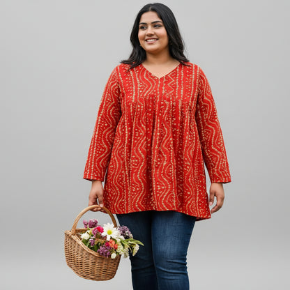 Women's Terracotta Red Bandhani-Inspired Flared Tunic Top HP00